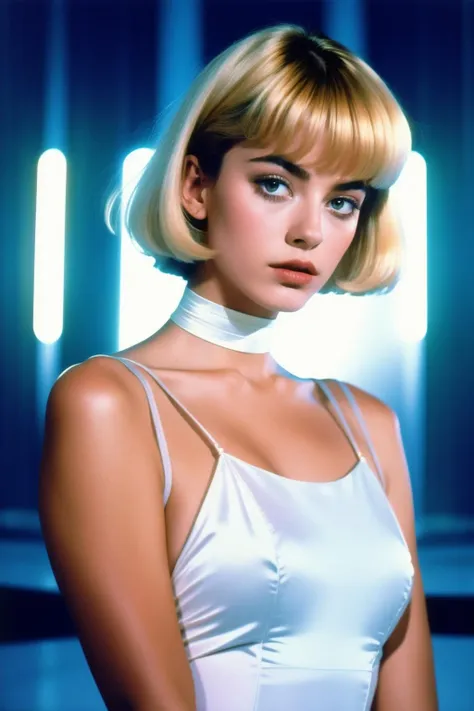 1 female, beautiful, shooting, short hair,  leaning forward,
 choker and Balenciaga white dress
Analog style, vhs style,chromatic aberration, 1980s style film by Jean Giraud