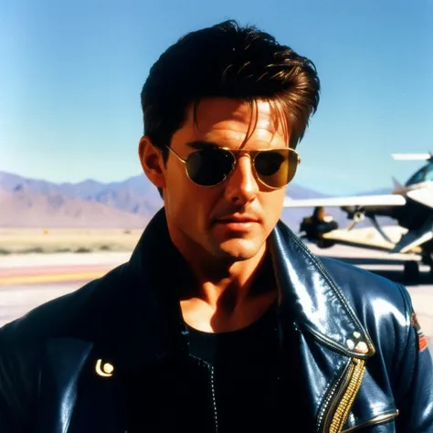 Tom cruise, pilot, sun glasses,  shadow, detailed, damaged, metal, 
 top gun
, dramatic lighting, 
Analog style, vhs style,chromatic aberration, 1980s style
 Julian Falat