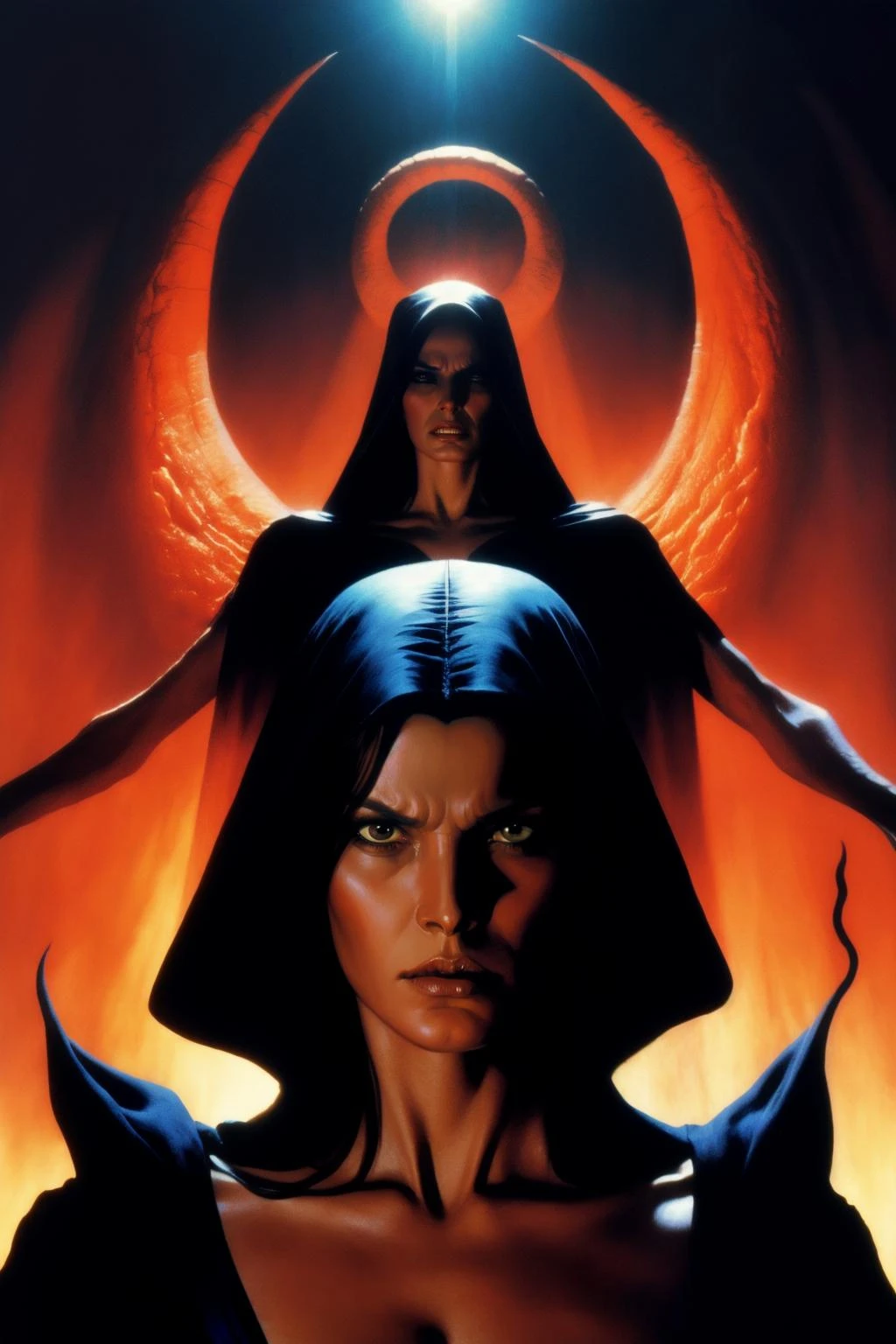1 female cultist, prey, ritual, demons, dramatic lighting, shadow,
Analog style, vhs style,chromatic aberration, 1980s style film
photorealistic, realistic
by Gerald Brom. Wayne Barlowe