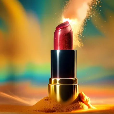 Commercial photography of (a lipstick:1.5), (explosion of red and yellow dust:1.2), (tropical background:1.4),
white lighting, studio light, 8k octane rendering, high resolution photography, insanely detailed, fine details, isolated plain, stock photo, professional color grading.