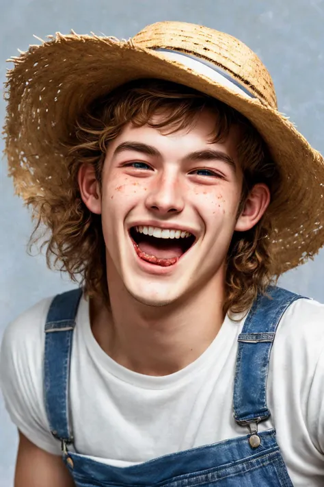 close-up photo portrait of a 20 yo european man, blond short curly hair, blue eyes, laughing face expression, freckles, denim overall, t-shirt, straw hat, farmer, simple background