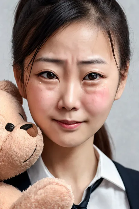 close-up photo portrait of a 30 yo asian woman, black ponytail, brown eyes, crying face expression, blush, shirt, tie, office lady, holding teddy bear, simple background