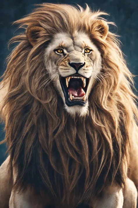 close-up photo portrait of a great red lion, blue eyes, very long lion's mane, roaring, open mouth, fangs, animal, no humans, simple background