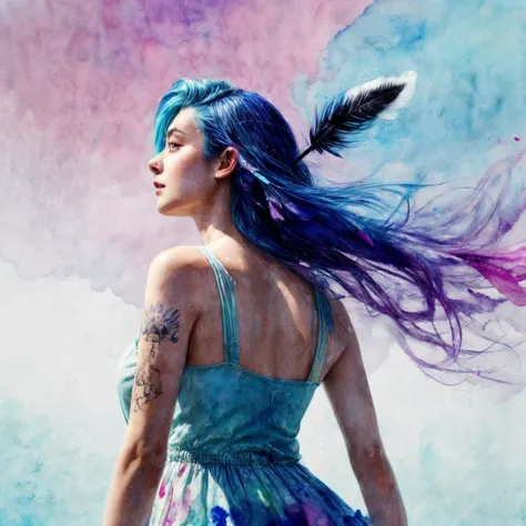 RAW photo, 8k uhd, Analog style, (Masterpiece, Best Quality, Highres:1.3), dramatic, cinematic, BREAK,
(watercolor painting:1.4) by (Agnes Cecile:1.2) of (slim:1.1) indian (girl:1.2) upper body from behind, (sundress made of feathers:1.3), cute face, (dynamic pose:1.1), (eyes:0.8), looking up, ((very long:1.1) flying blue hair:1.2) with (purple:1.1) (feather:1.4), (tattoo:1.3), (clouds, mountain, field:0.8), wind, ((colorful:1.1) watercolor blots background:1.3), (soft colors, fluid strokes, transparent layers:1.3), (hyperdetailed, absurdres, sketch:1.1), BREAK,
<lora:more_details:0.7>,
