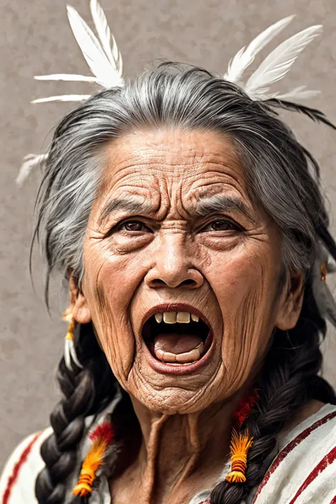 close-up photo portrait of a 100 yo old native american woman, grey hair, brown eyes, screaming face expression, twin braids, warbonnet, feathers, tribal, simple background