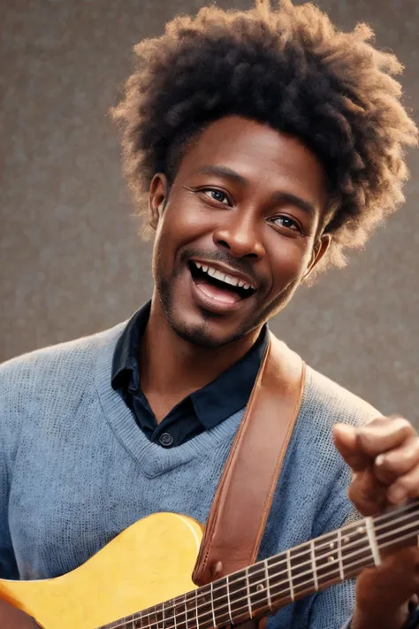 close-up photo portrait of a 45 yo african man, black afro hair, stubble, brown eyes, excited face expression, singing, red bass guitar, blue sweater, black bluesman, simple background
