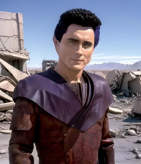 <lora:vorta_lora:0.7>, vorta, male, weyoun, photograph portrait, tall ridged ears, light skin, very pale white skin, purple eyes, black lacquered hair, wearing print tunic with wide leather lapels, serious expression, 3/4 length portrait, centered subject, highly detailed, post-apocalyptic city background, destroyed buildings, desolate, wasteland, daytime, sunny day, outdoor lighting, jeffrey combs, 8k