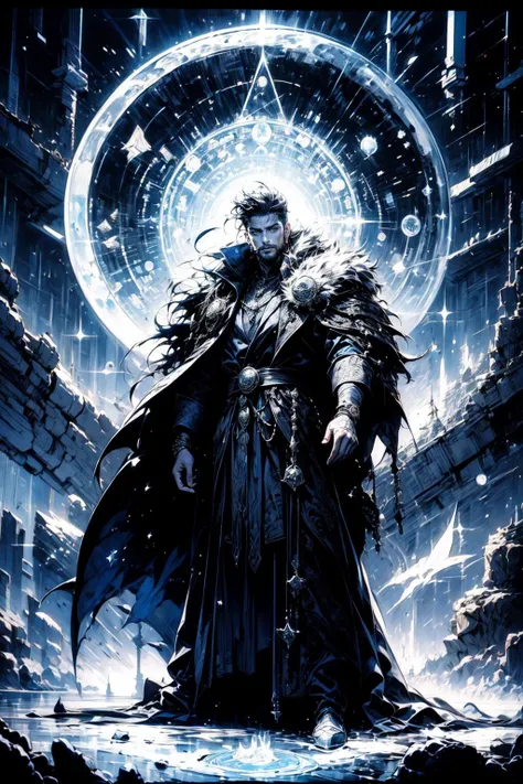 (masterpiece:1.1), (best quality:1.1), (intricate:1.1), (monochrome:1.2), (black and white:1.2), BREAK, (occult:1.1), BREAK, (solo:1.2), (male:1.2), (rugged man:1.2), (beard:1.0), (sorcerer:1.0), (robe:1.0), (magic circle:1.1), <lora:magic circle:0.3>, <lora:novel_bright:0.7>,