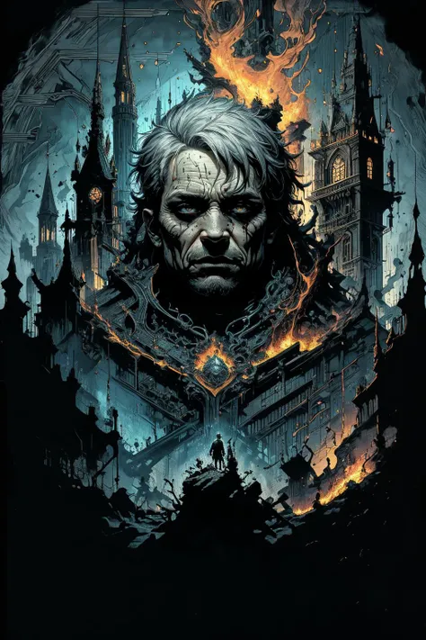 (masterpiece:1), (best quality:1), high contrast, strong shadows, outlines, <lora:graphicNovelStyle_v10:0.2>, <lora:realistic:0.3>, <lora:sharpen-soften:-0.3>,
<lora:GoodHands-beta2:0.8> 
(1man, wrinkled face, old  male:1.2), frail,  grey eyes, white hair, temp fade, 
(style-swirlmagic:0.8), portrait, solo, upper body, detailed background, detailed face, (<lora:GothicHorrorAI:0.5>, gothichorrorai, gothic theme:1.1),  primal fury, (mouth open:0.65), forged in fire, primal fiery  guardian, [heavy armor:molten rock:2], covered in molten rock,   dynamic pose, flowing magma,  volcano in background, <lora:Fire_VFX:0.3>, cinematic cataclysmic atmosphere,