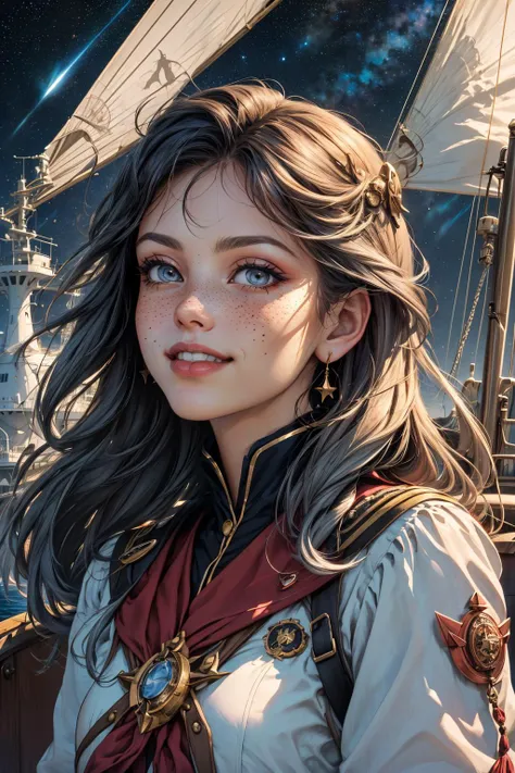 (masterpiece, best quality), <lora:add_detail_v5:1>, <lora:stylesqueeze_v1b:0.5>,
1 girl, adult (elven:0.7) woman, freckles, black eyes, gray fringe hair,
Style-GravityMagic, portrait, solo, (full body:0.6), looking down, detailed background, detailed face, (victorian theme:1.1), ship captain, smiling, pink  captain uniform,    dynamic pose, on deck of ship, sails,   ship's bell, nautical tools, fleet on the horizon, starry sky,  strategy, cinematic atmosphere,
<lora:graphicNovelStyle_v10:0.2>,