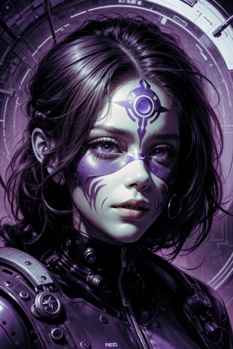 a woman with a mask on her face and a purple background with circles and lines around her face and a black and white mask, Android Jones, game art, cyberpunk art, neo-figurative, <lora:add_detail:1>, <lora:novel_bright:.5>