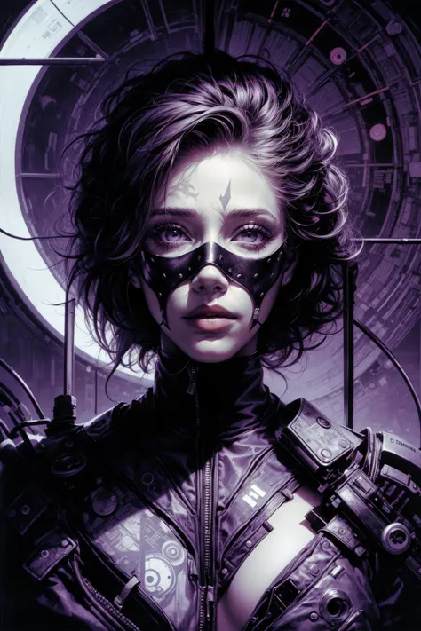 a woman with a mask on her face and a purple background with circles and lines around her face and a black and white mask, Android Jones, game art, cyberpunk art, neo-figurative, <lora:add_detail:1>, <lora:novel_bright:.5>