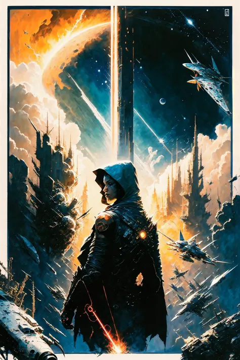 (masterpiece, 4k ,ultra detailed:1.2),(fading_border:1.4),illustration,(photorealistic:1),
(abstract:1.6),(cut-in:1.2),
(1girl,3boys:1.3),(cropped shoulders:1.6),(hooded cape:1.2),(glowing eyes:1.1),(backlighting:1.2),
(science_fiction,space,1moon,starwars,galaxy,meteor:1.2),(jet fighter:1.3),(spaceship,explosion,red laser,blue laser:1.4),
(simple background,black background:1.4),
<lora:hipoly3DModelLora_v20:0.2>,
<lora:flat2:1.5>,
 <lora:novel_bright:0.8>