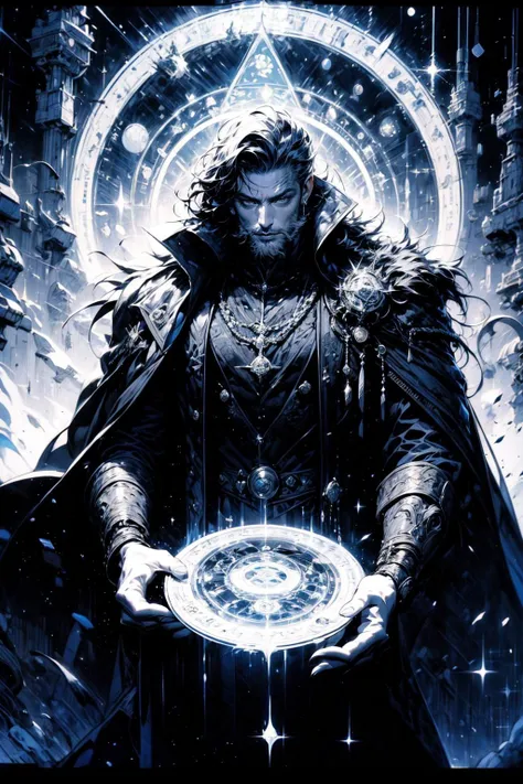(masterpiece:1.1), (best quality:1.1), (intricate:1.1), (monochrome:1.2), (black and white:1.2), BREAK, (occult:1.1), BREAK, (solo:1.2), (male:1.2), (rugged man:1.2), (beard:1.0), (sorcerer:1.0), (robe:1.0), (magic circle:1.1), <lora:magic circle:0.3>, <lora:novel_bright:0.7>,