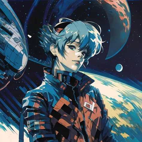 (masterpiece,detailed,highres:1.4) , model shot,
Rei Ayanami, blue hair,(red eyes),intricate space jacket,neon genesis evangelion,Mecha background,
,<lora:graphicNovelStyle_v10:1>, <lora:urbanSamuraiClothing_urbansamuraiV03:0.5>