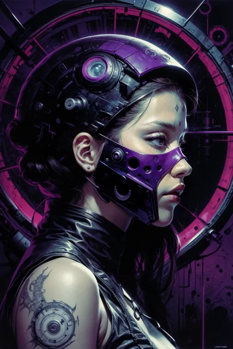 a woman with a mask on her face and a purple background with circles and lines around her face and a black and white mask, Android Jones, game art, cyberpunk art, neo-figurative, <lora:add_detail:1>, <lora:novel_bright:.5>