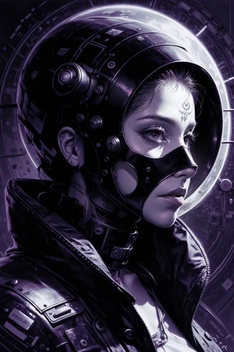 a woman with a mask on her face and a purple background with circles and lines around her face and a black and white mask, Android Jones, game art, cyberpunk art, neo-figurative, <lora:add_detail:1>, <lora:novel_bright:.5>