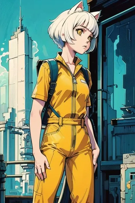 (masterpiece,detailed,highres:1.4), slim 1girl, (solo:1.4), white short tomboy hair, white cat ears, white cat tail, orange eyes wearing yellow jumpsuit, backpack, exploring abandoned house, curious expression 

 <lora:graphicNovelStyle_v1Bright:0.6>