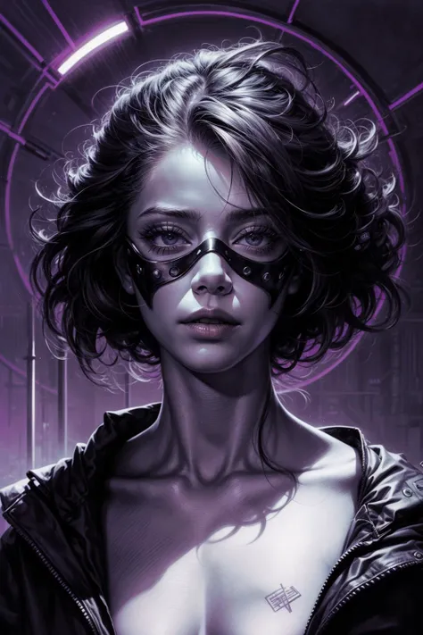 a woman with a mask on her face and a purple background with circles and lines around her face and a black and white mask, Android Jones, game art, cyberpunk art, neo-figurative, <lora:add_detail:1>, <lora:novel_bright:.5>