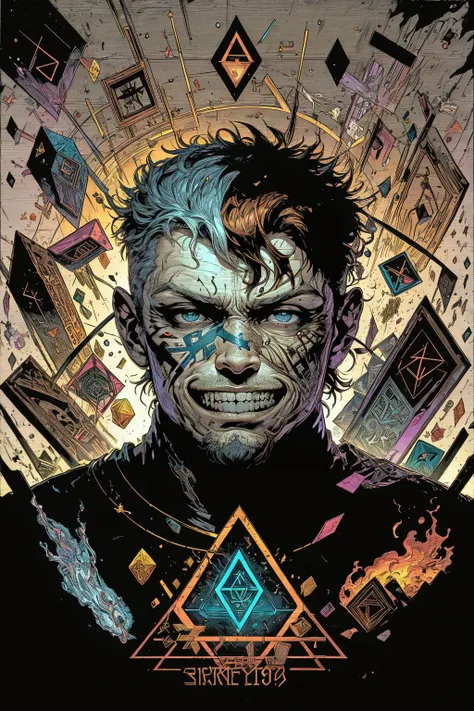 (masterpiece:1), (best quality:1), high contrast, strong shadows, outlines, <lora:graphicNovelStyle_v10:0.2>,
(1man, thin adult male:1.2), grey-blue eyes, copper hair, side-swept fringe,
<lora:GoodHands-beta2:0.8>,
Style-GravityMagic, solo, (full body:0.6), looking up, detailed background, detailed face, (1920s art deco theme:1.1), rune-priest, magic runes, runes etched into skin, runic scripture, movement, grin, floating particles, tribal runes, geometric patterns, magical aura, rune stones in background, backlighting, shadows, ethereal atmosphere, action scene,