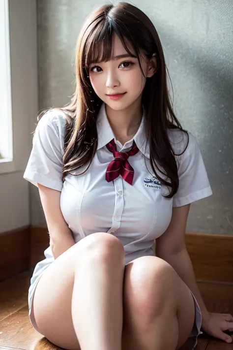 (8k), (best quality), (masterpiece:1.2), (realistic), (photorealistic:1.37), ultra-detailed, 1girl, cute, smile, closed mouth, beautiful detailed eyes, beautiful detailed nose, full body, wet hair, huge breasts, <lora:japaneseDollLikeness_v10:0.1>, <lora:koreanDollLikeness_v15:0.2>,dalcefo, <lora:randomCoserFaceCoser_randomCoserFace:0.4>,pigsney,Student uniforms,Thick thighs