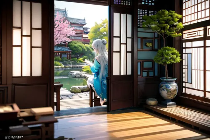highly insanely detailed, masterpiece, top quality, best quality, highres, 4k, 8k, RAW photo, (very aesthetic, beautiful and aesthetic), (1girl:1.2), sitting, looking to the side, ancient_chinese_indoors, (window:1.3), indoors, (courtyard:1.3), sunlight, painting \(object\), curtains, tree, plant, see-through, (trees out of the window:1.2), (translucence:1.2), hanfu, wooden floor, <lora:ancient_chinese_indoors:0.7>,
water, lake, lotus, feet, mist, trees, building, (barefoot:1.2)