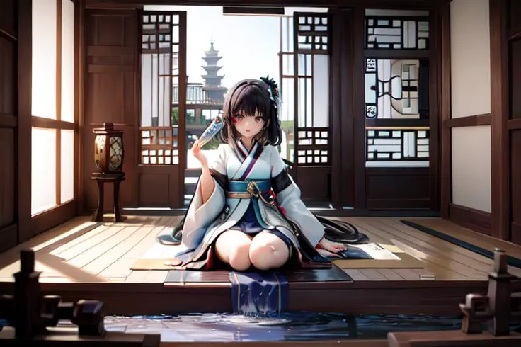 highly insanely detailed, masterpiece, top quality, best quality, highres, 4k, 8k, RAW photo, (very aesthetic, beautiful and aesthetic), (1girl:1.2), sitting, looking to the side, ancient_chinese_indoors, (window:1.3), indoors, (courtyard:1.3), sunlight, painting \(object\), curtains, tree, plant, see-through, (trees out of the window:1.2), (translucence:1.2), hanfu, wooden floor, <lora:ancient_chinese_indoors:1>,
water, lake, lotus, feet, mist, trees, building, (barefoot:1.2)