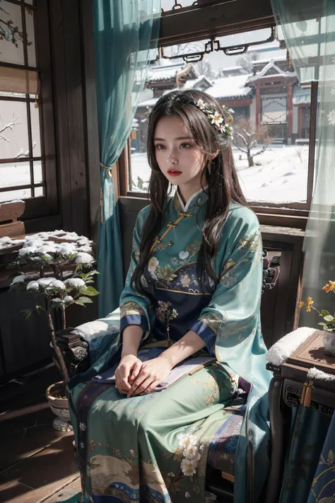 (masterpiece:1.3),(best quality:1.2),8k,absurdres,unity 8k wallpapper,(extremely detailed:1.3),highestres,
(1girl:1.3), sitting,looking to the side,,ancient_chinese_indoors,(window:1.3),tree,flower,indoors,courtyard,wintersweet,snow,winter,sunlight,curtains,table,chair, <lyco:ancient_chinese_indoors-10:1.0>