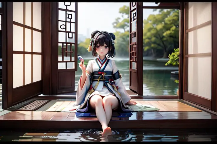 highly insanely detailed, masterpiece, top quality, best quality, highres, 4k, 8k, RAW photo, (very aesthetic, beautiful and aesthetic), (1girl:1.2), sitting, looking to the side, ancient_chinese_indoors, (window:1.3), indoors, (courtyard:1.3), sunlight, painting \(object\), curtains, tree, plant, see-through, (trees out of the window:1.2), (translucence:1.2), hanfu, wooden floor, <lora:ancient_chinese_indoors:0.5>,
water, lake, lotus, feet, mist, trees, building, (barefoot:1.2)