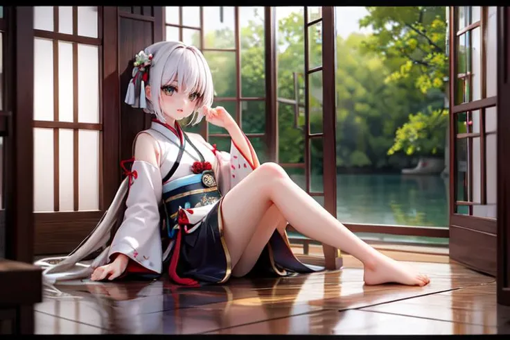 highly insanely detailed, masterpiece, top quality, best quality, highres, 4k, 8k, RAW photo, (very aesthetic, beautiful and aesthetic), (1girl:1.2), sitting, looking to the side, ancient_chinese_indoors, (window:1.3), indoors, (courtyard:1.3), sunlight, painting \(object\), curtains, tree, plant, see-through, (trees out of the window:1.2), (translucence:1.2), hanfu, wooden floor, <lora:ancient_chinese_indoors:0>,
water, lake, lotus, feet, mist, trees, building, (barefoot:1.2)