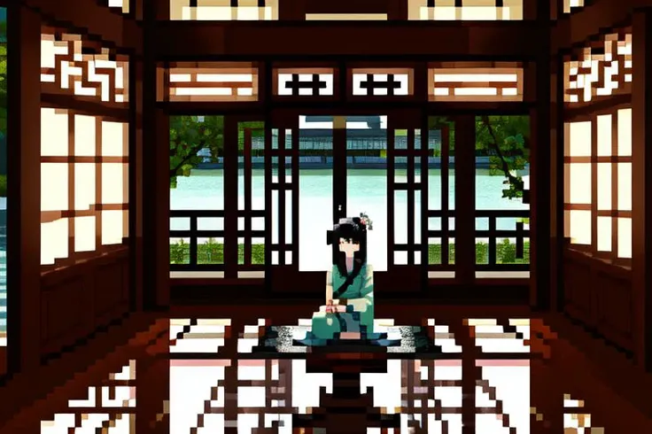 highly insanely detailed, masterpiece, top quality, best quality, highres, 4k, 8k, RAW photo, (very aesthetic, beautiful and aesthetic), (1girl:1.2), sitting, looking to the side, ancient_chinese_indoors, (window:1.3), indoors, (courtyard:1.3), sunlight, painting \(object\), curtains, tree, plant, see-through, (trees out of the window:1.2), (translucence:1.2), hanfu, wooden floor, <lora:ancient_chinese_indoors:0.7>,
water, lake, lotus, feet, mist, trees, building, (barefoot:1.2)