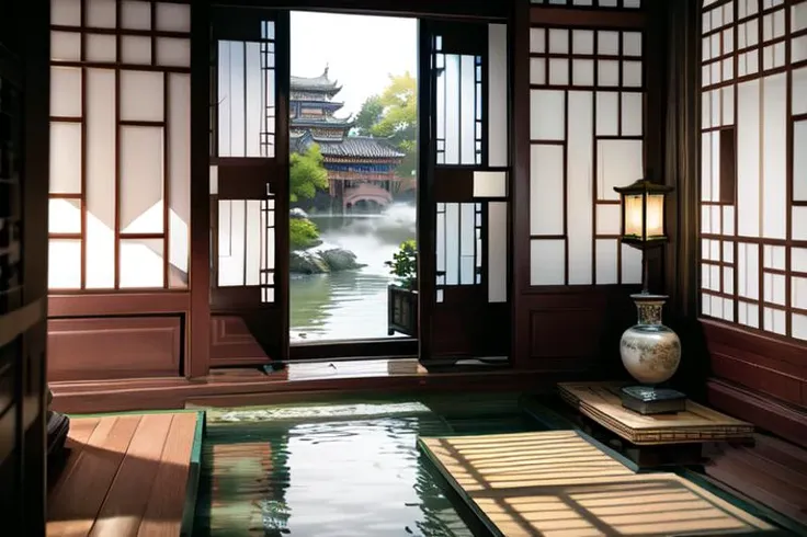 highly insanely detailed, masterpiece, top quality, best quality, highres, 4k, 8k, RAW photo, (very aesthetic, beautiful and aesthetic), (1girl:1.2), sitting, looking to the side, ancient_chinese_indoors, (window:1.3), indoors, (courtyard:1.3), sunlight, painting \(object\), curtains, tree, plant, see-through, (trees out of the window:1.2), (translucence:1.2), hanfu, wooden floor, <lora:ancient_chinese_indoors:1>, 
water, lake, lotus, feet, mist, trees, building, (barefoot:1.2)