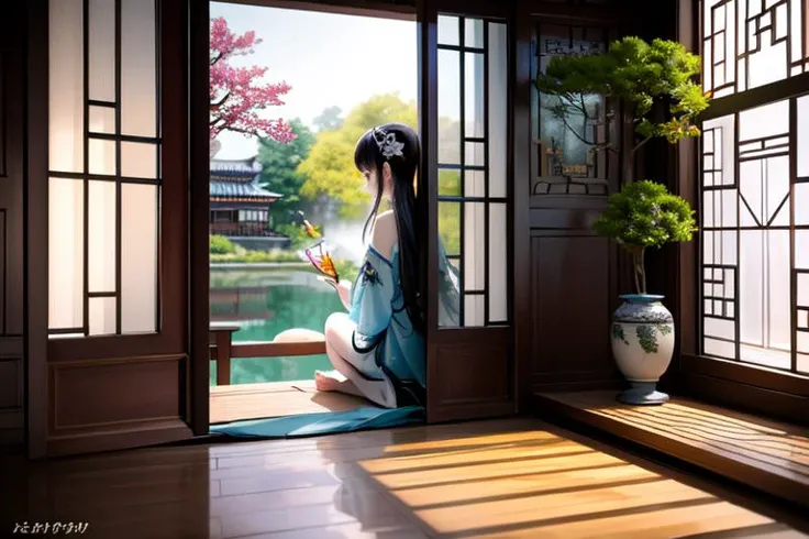 highly insanely detailed, masterpiece, top quality, best quality, highres, 4k, 8k, RAW photo, (very aesthetic, beautiful and aesthetic), (1girl:1.2), sitting, looking to the side, ancient_chinese_indoors, (window:1.3), indoors, (courtyard:1.3), sunlight, painting \(object\), curtains, tree, plant, see-through, (trees out of the window:1.2), (translucence:1.2), hanfu, wooden floor, <lora:ancient_chinese_indoors:0.5>,
water, lake, lotus, feet, mist, trees, building, (barefoot:1.2)