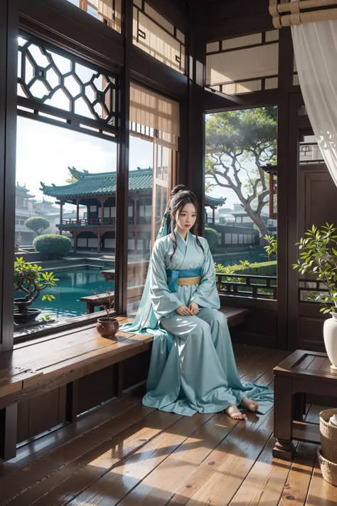 (masterpiece:1.3),(best quality:1.2),8k,absurdres,unity 8k wallpapper,(extremely detailed:1.3),highestres,
(1girl:1.2),sitting,looking to the side,,ancient_chinese_indoors,(window:1.3),indoors,(courtyard:1.3),sunlight,painting (object),blurry,curtains,tree,plant,see-through,(trees out of the window:1.2),(translucence:1.2),,hanfu,wooden floor, <anci <lora:ancient_chinese_indoors-07:1>,water,lake,lotus,feet,mist,trees,building,(barefoot:1.2),