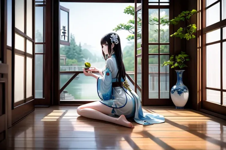 highly insanely detailed, masterpiece, top quality, best quality, highres, 4k, 8k, RAW photo, (very aesthetic, beautiful and aesthetic), (1girl:1.2), sitting, looking to the side, ancient_chinese_indoors, (window:1.3), indoors, (courtyard:1.3), sunlight, painting \(object\), curtains, tree, plant, see-through, (trees out of the window:1.2), (translucence:1.2), hanfu, wooden floor, <lora:ancient_chinese_indoors:0>,
water, lake, lotus, feet, mist, trees, building, (barefoot:1.2)