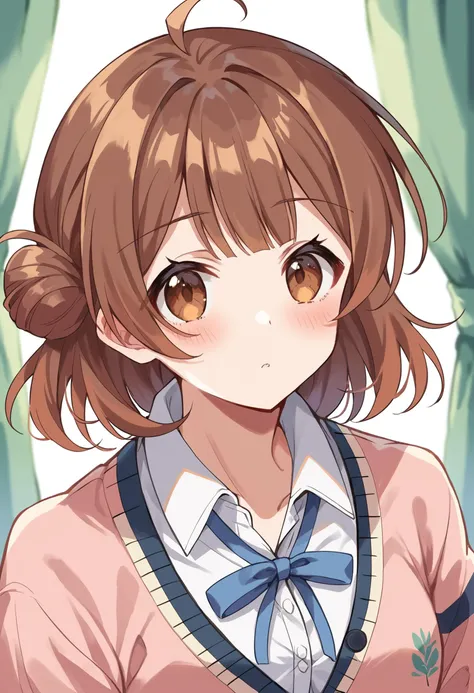 score_9, score_8_up, score_7_up, score_6_up, score_5_up, score_4_up, BREAK source_anime,
masterpiece, best quality, ultra detailed, perfect face, detailed face,
ume-default, hanami ume, brown eyes, brown hair,medium hair, hair bun,ahoge,school uniform, cardigan,dress shirt, upper body,
<lora:hanami ume_gakuen idolmaster_PONY_epoch-000025:1>