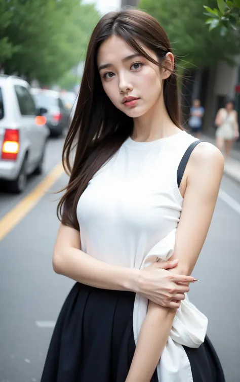 a girl standing in the street,half-body photo,upper body close-up,bust,upper_body,