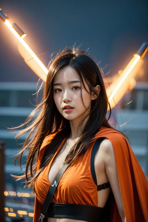 Best quality,masterpiece,ultra high res,photorealistic,1girl,MMN,MN,cho girl,1girl,solo,looking at viewer,studio light,realistic,photorealistic,capes,Bright Orange,a group of survivors in a post-apocalyptic world,