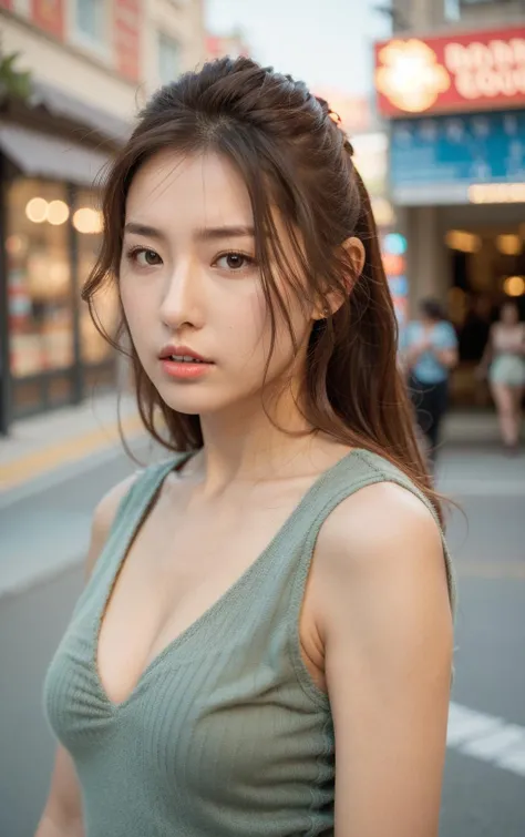 a girl standing in the street,half-body photo,upper body close-up,bust,upper_body,