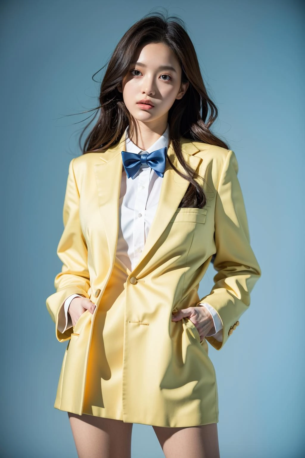 Best quality,masterpiece,ultra high res,photorealistic,1girl,MMN,MN,cho girl,1girl,solo,looking at viewer,studio light,realistic,photorealistic,tuxedo,Pastel Yellow,a supernatural political campaign,stand