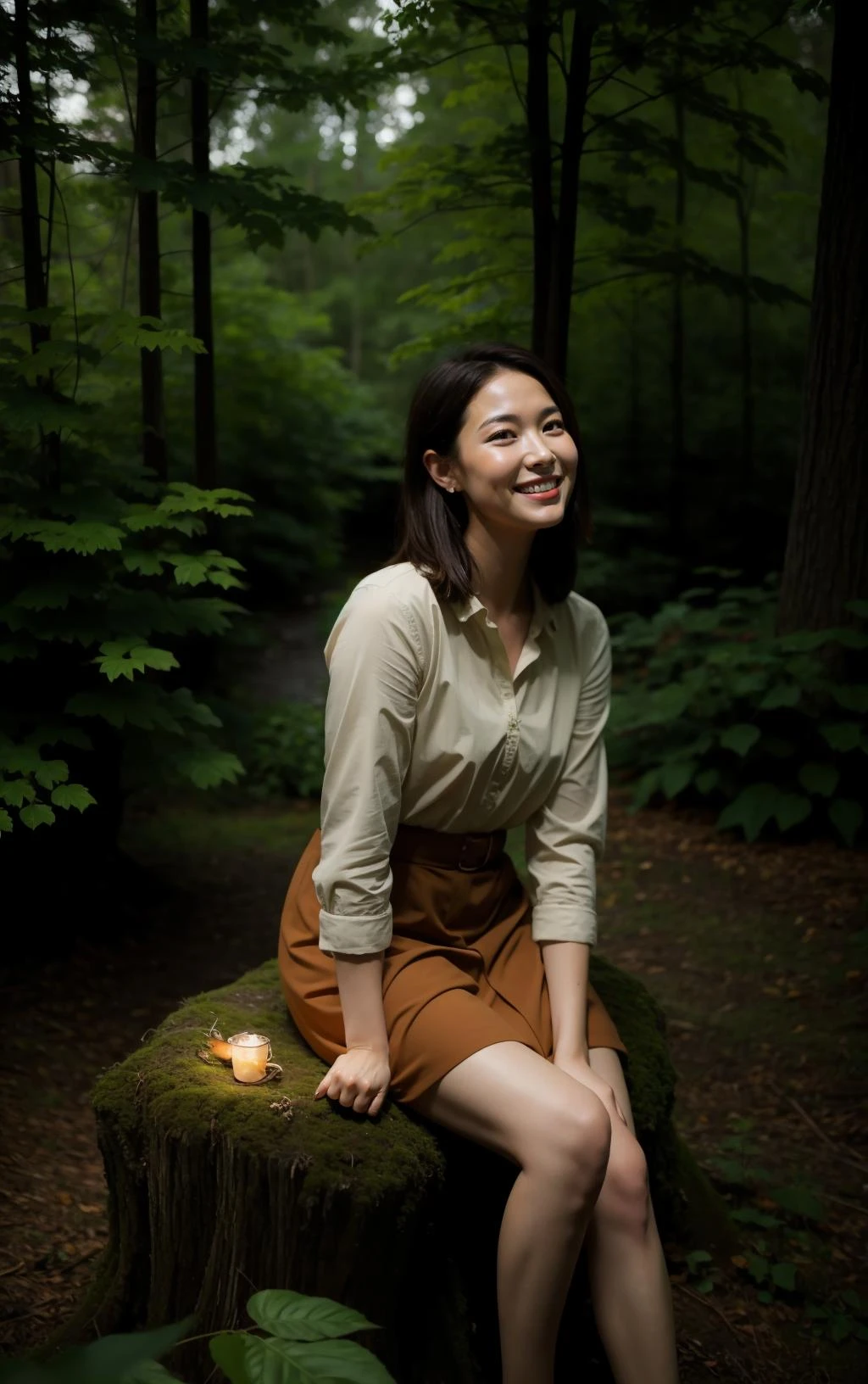 masterpiece, best quality, 1 woman sitting on a tree smile fog, forest, fireflies Andrew Wyeth (masterpiece ) (best quality) (dramatic lighting, best shadow),scenery,