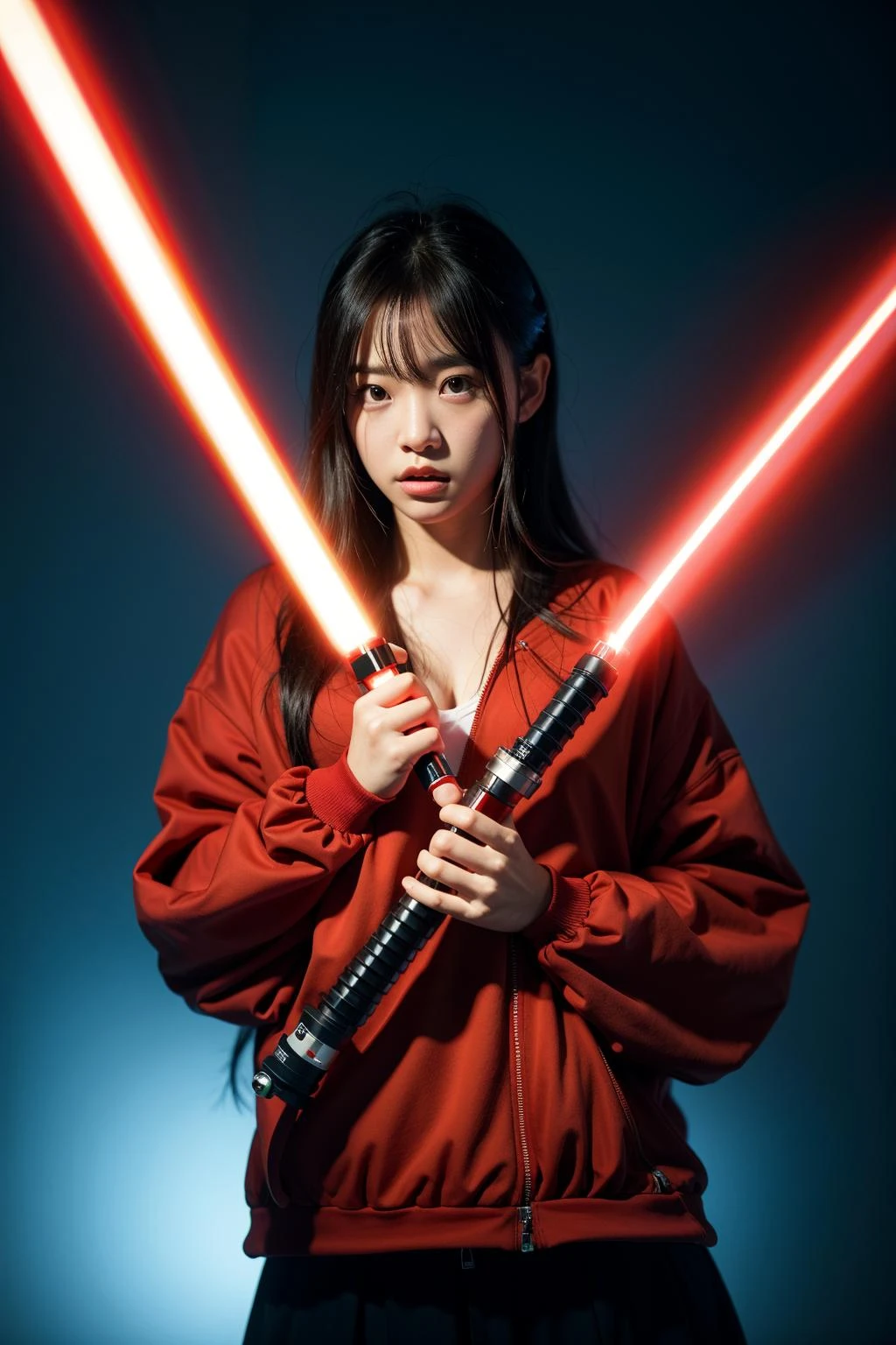 Best quality,masterpiece,ultra high res,photorealistic,1girl,MMN,MN,cho girl,1girl,solo,looking at viewer,studio light,realistic,photorealistic,undone sarashi,Lightsaber Red,a supernatural detective solving crimes,