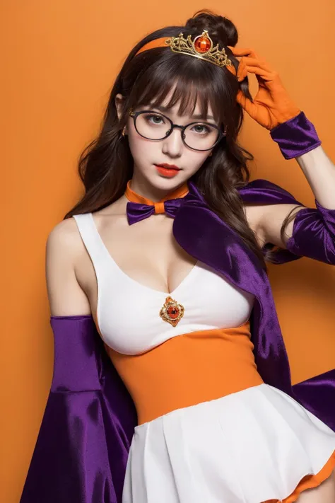 (halloween theme:1.3), magical costume girl, age of 18, BREAK, upper body portrait of a tall busty beautiful glasses girl wearing sailor senshi uniform, orange skirt, elbow gloves, tiara, orange sailor collar, red bow, orange choker, white gloves, jewelry, (wearing a glasses), BREAK, ((;D1.5)), perfect face,perfect eyes,HD details,high
