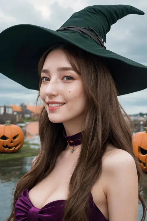 ((masterpiece)), (best quality), (cinematic), Slender, skinny, Big Chest, biggest breasts, witch_dress, close-up, puddles of water, long brown hair, bangs, green eyes, freckles on cheeks, wind, detailed face, detailed body, dark gray sky, glow, clouds, city halloween, floating bubbles (cinematic, colorful), (extremely detailed), clouds, highly detailed face,aerith gainsborough,aerith gainsborough \(cosplay\),choker, wearing a halloween costume, cute_fang, cute_smile, Happy expression, witch_hat, holding a pumpking, big_boobs