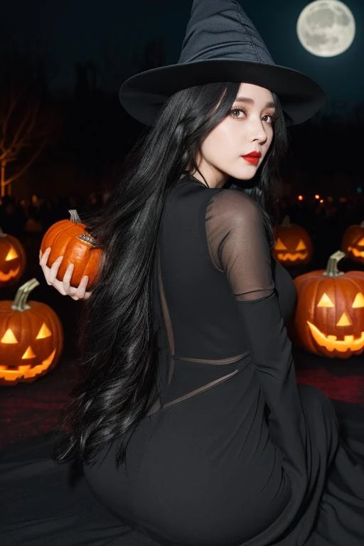 ((1 girl with Halloween costume and wizard hat holding a halloween pumpkin , in the halloween night festival,adorable, happy)), (best quality:1.3),(masterpiece:1.1),(illustration:1.2),(ultra-detailed:1.2),beautiful detailed eyes,(Gothic:1.2), (Extremely detailed background:1.1),(forest:1.2),(mountain), night, moon,castle on the distant mountain, (bent over:1.3),(butt:1.2),looking back, (raise butt:1.2),(close to the butt:1.3), (wariza:1.2), (1girl:1.3),(solo:1.3),(black hair),(long black hair:1.1),full body,black stocking, tulle,dress,Bodysuit,back cutout,clothing cutout,Long hair , red eyes, black dress, long dress, no shoes,lancer Alter