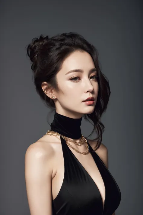 a woman in a black dress posing for a picture,fashion studio lighting,neck chains,lumi,broadshouldered,elle magazine,half body shot,