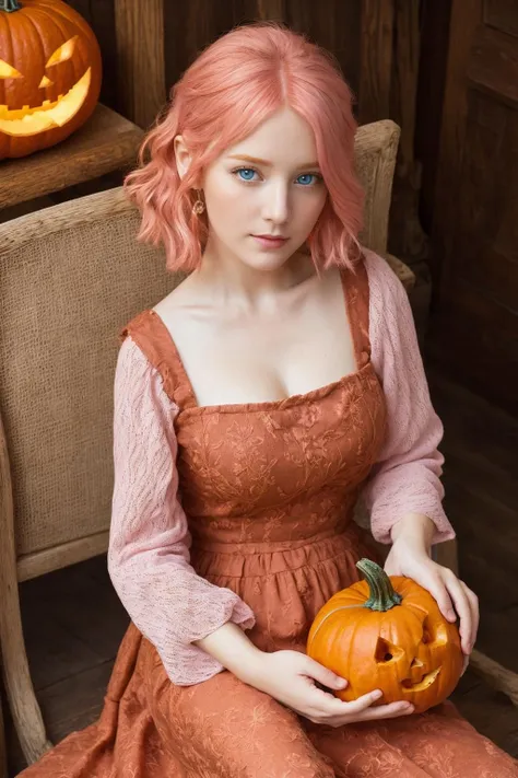 beautiful woman, sitting, holding a carved pumpkin, surrounded by pumpkin, looking at the viewer, pink hair, blue eyes, white dress, portrait