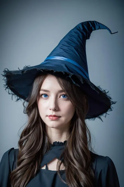 1girl, halloween outfit, wearing a witch hat, haunted house, spooky atmosphere, simple, beautiful, modern watercolor style, smirk, raised left eyebrow, perfect blue eyes, bokeh background cinematic lighting