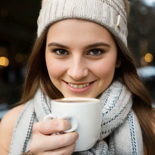 (RAW photo, best quality), 1girl, winter, snowflakes, holding a coffee, beanie hat, scarf, aroma, smile, <lora:Aga:1>
