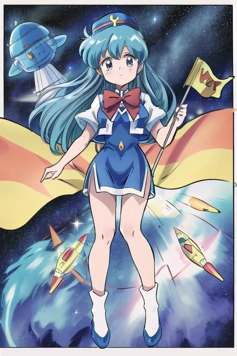 masterpiece, best quality,ultra detail, <lora:anmnr01:0.3> <lora:add_detail:0.4>,<lora:GoodHands-vanilla:0.7>,tenjouin katsura <lora:katsura_v5_locon:0.7>,spaceship, thighs, side slit, blue headwear, red bowtie, blue short dress, open jacket,holding flag,(comic,border,koma,Text bubble), <lora:LZ-comic strip:0.5> galaxy
